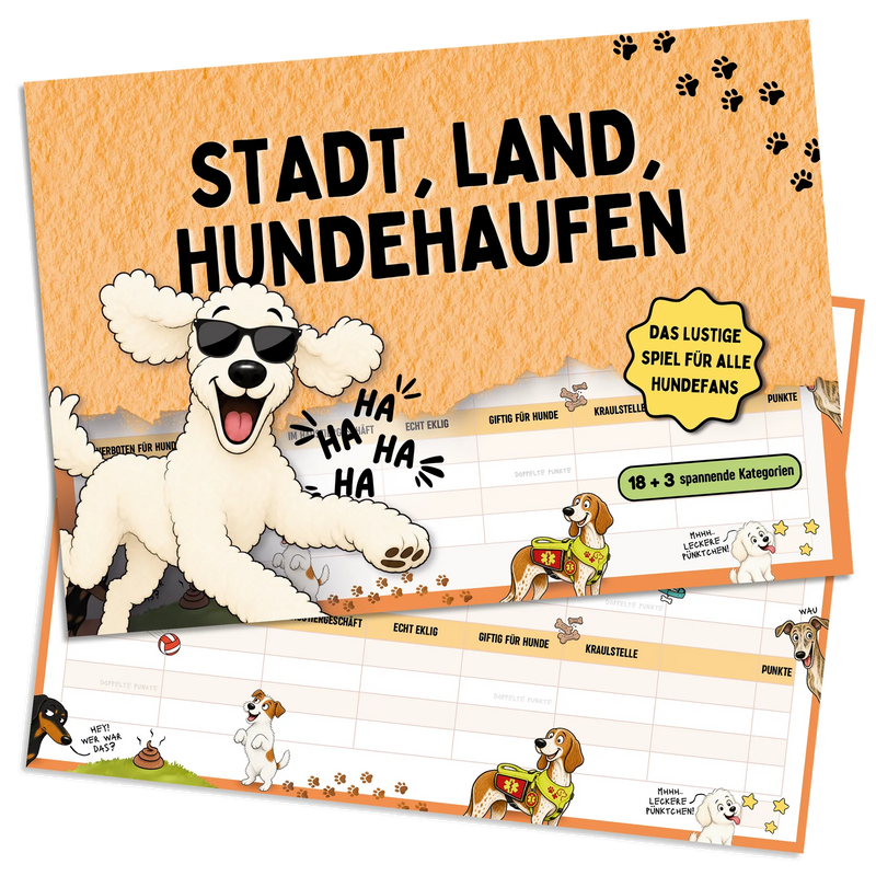 Spielblock Stadt, Land, Hundehaufen mit Deckblatt und Spielseite