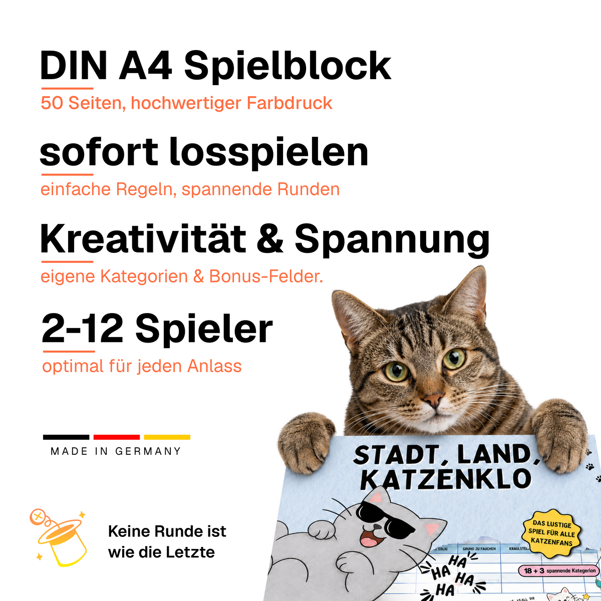 Stadt, Land, Katzenklo: DIN-A4-Spielblock, 50 Seiten, 2 bis 12 Spieler, sofort losspielen, Made in Germany