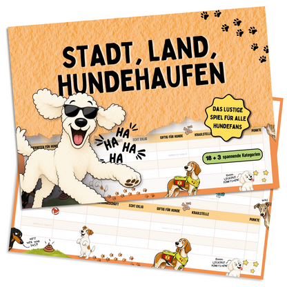 Stadt, Land, Hundehaufen – Stadt-Land-Fluss als Hunde-Edition, DIN-A4-Spielblock mit 18 + 3 Kategorien