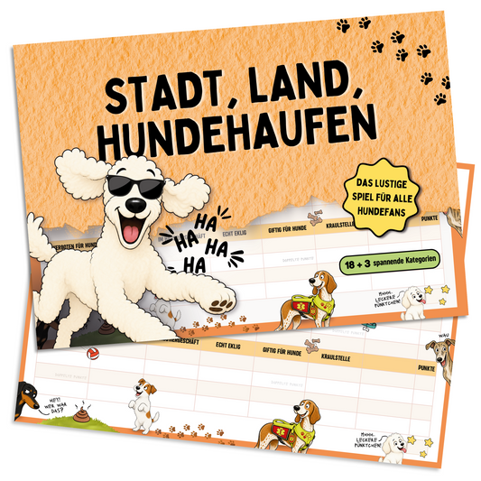 Stadt, Land, Hundehaufen – Stadt-Land-Fluss als Hunde-Edition, DIN-A4-Spielblock mit 18 + 3 Kategorien