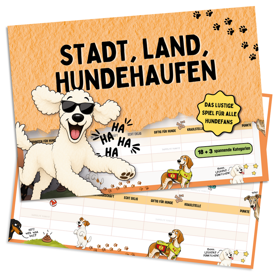 Stadt, Land, Hundehaufen – Stadt-Land-Fluss als Hunde-Edition, DIN-A4-Spielblock mit 18 + 3 Kategorien