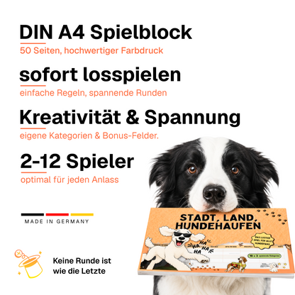 Stadt, Land, Hundehaufen: DIN-A4-Spielblock, 50 Seiten, 2 bis 12 Spieler, sofort losspielen, Made in Germany