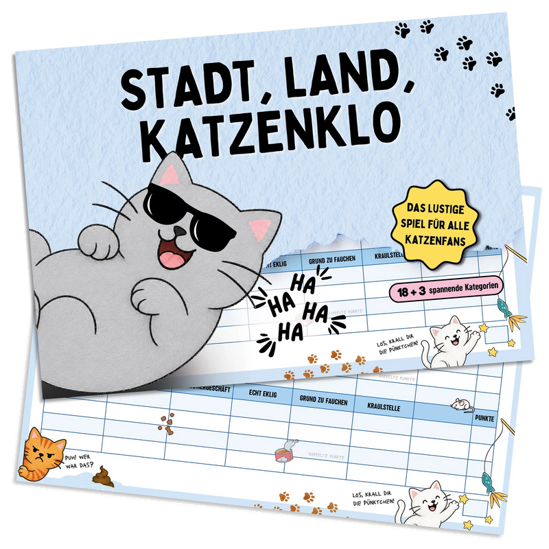 Spielblock Stadt, Land, Katzenklo mit Deckblatt und Spielseite